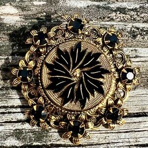 Vintage Black Gold Flowered Rhinestone Victorian Revival Style Pin Brooch